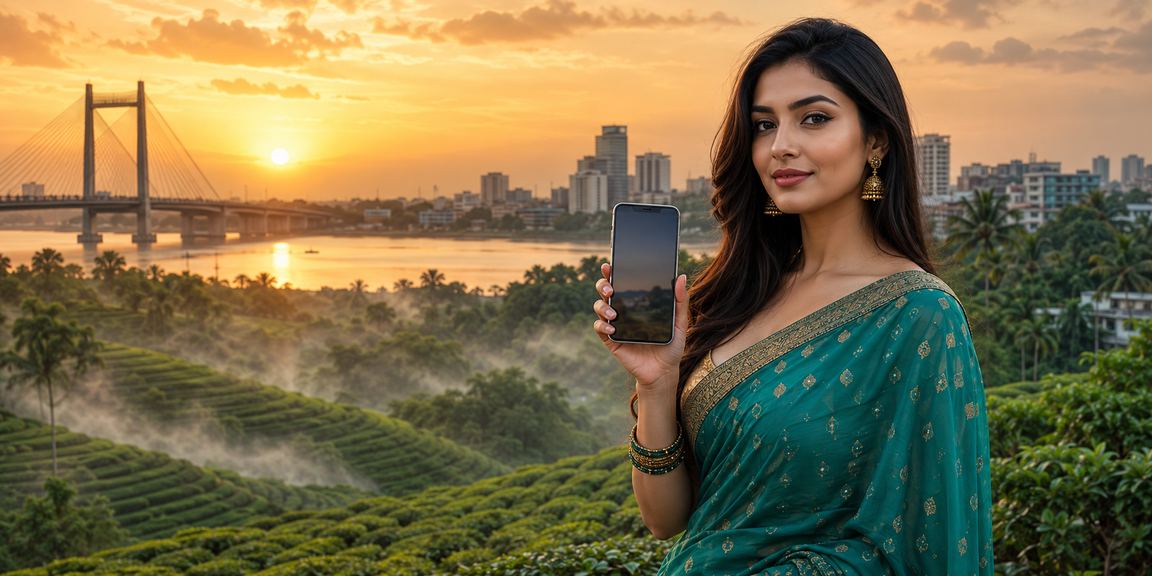 খুলনার চা বাগানে একজন ব্যবহারকারী মোবাইলে sk44 লটারি টিকিট কিনছেন